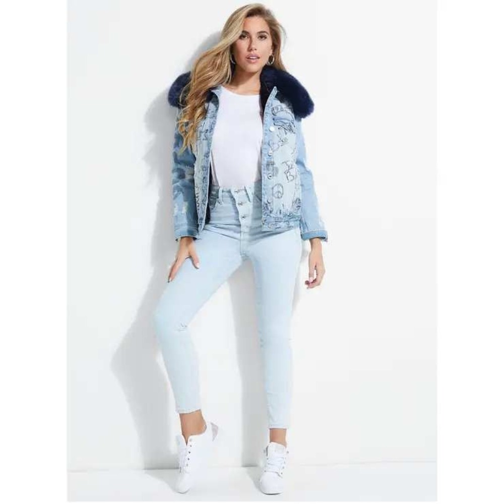 GUESS NWT $198 Elie Faux Fur Women Denim Jacket Graffiti Distressed Blue XS‎
